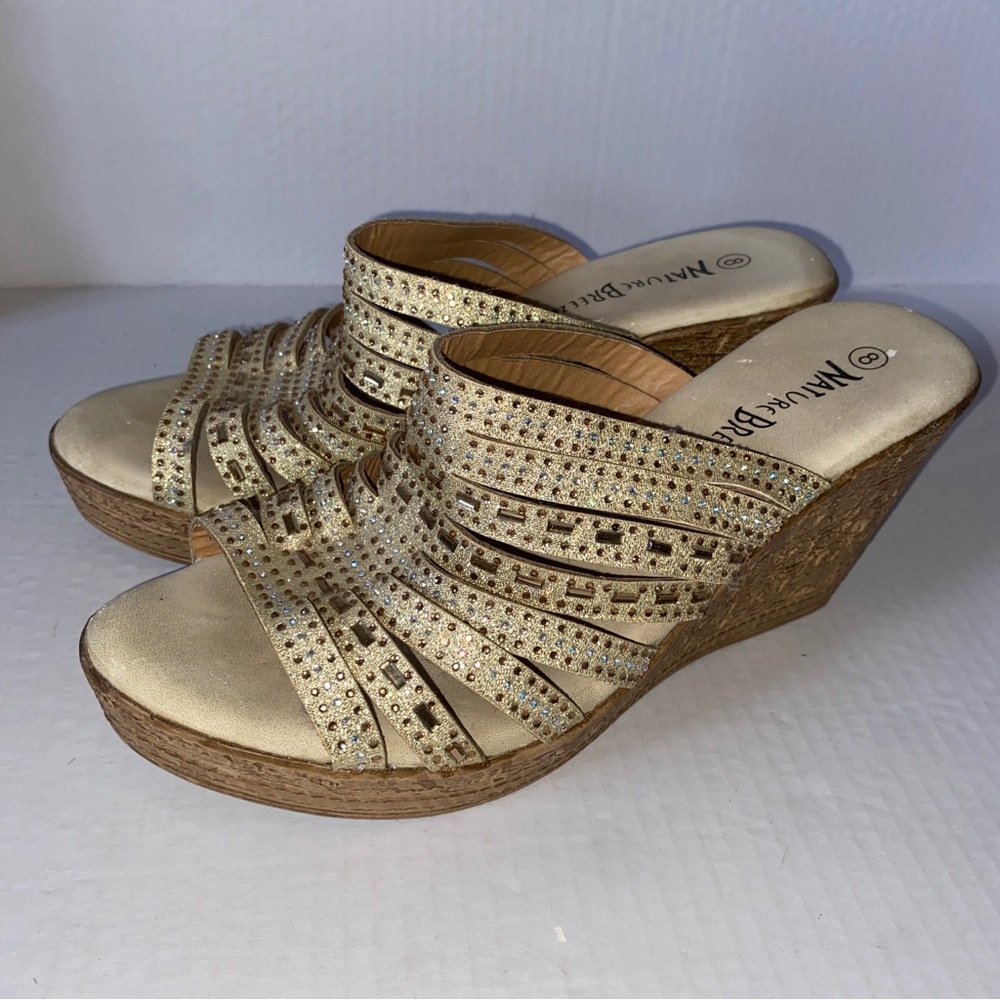 Women Glitter Open Toe Cork Platform Wedge Sandal With Heel Nature Breeze Size 8